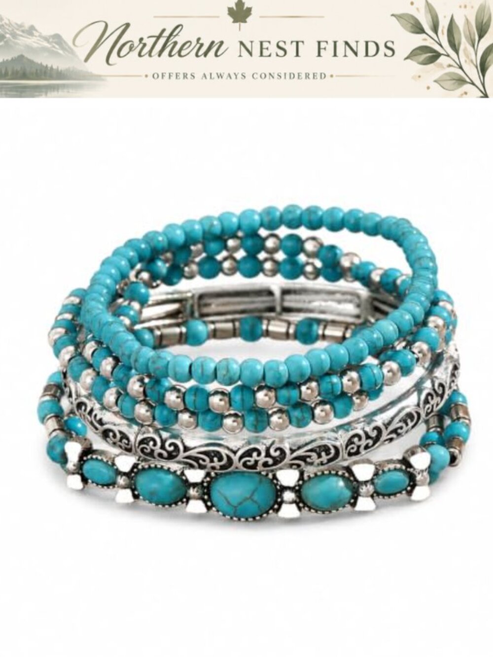 Western Turquoise Beaded Stackable Elastic Bracelets Set Boho Jewelry